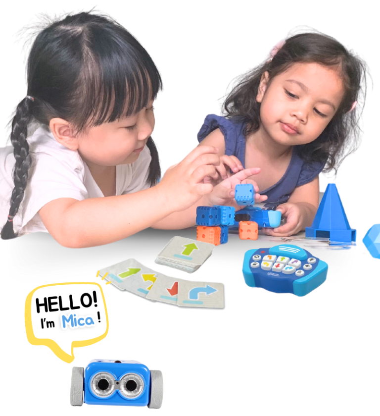 Two children playing with Mica from Little Bot Programme